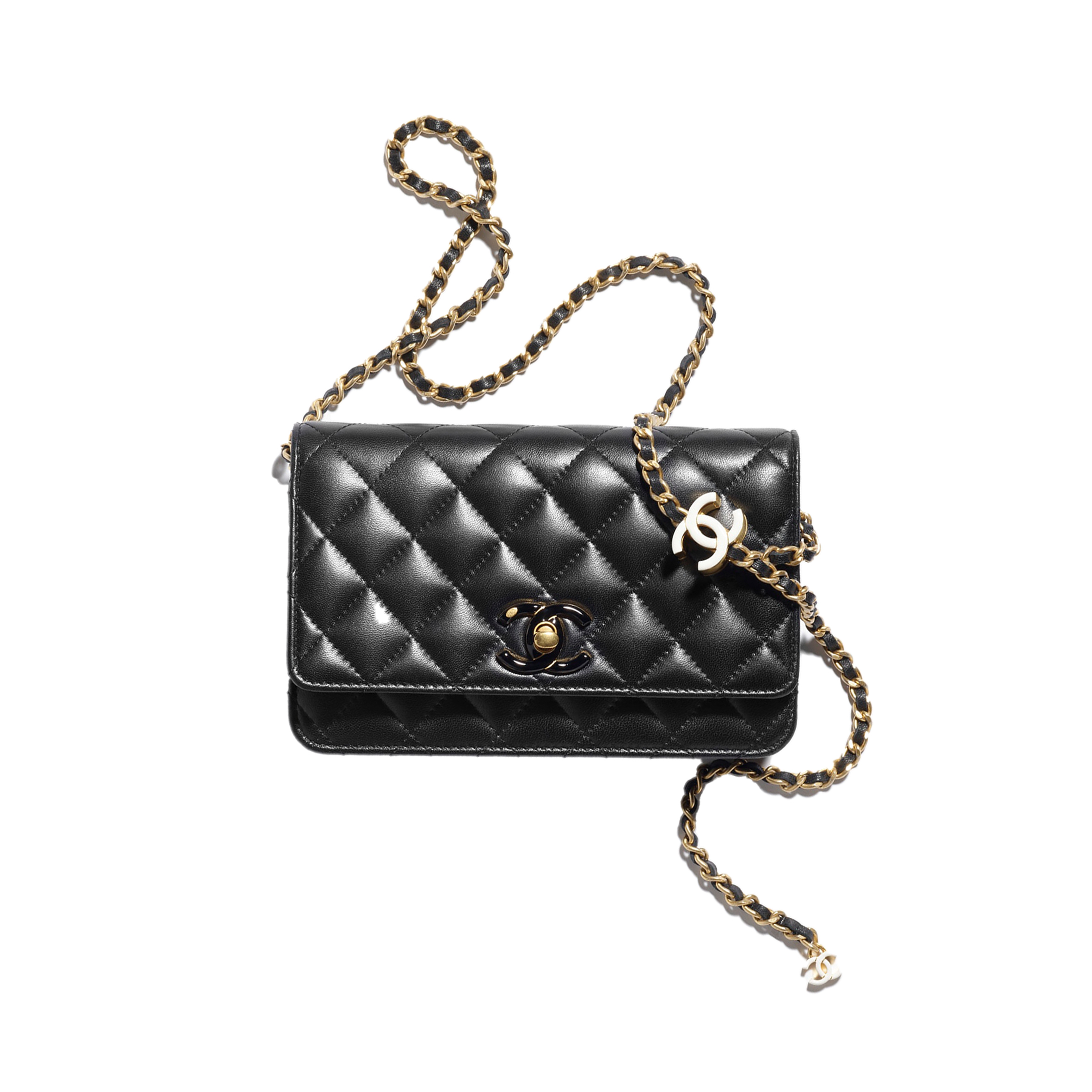 CHANEL ON-CHAIN WALLET SHINY LAMBSKIN, ENAMEL AND GOLD-TONE METAL BLACK AP3938 (19.5*12*5.5cm)